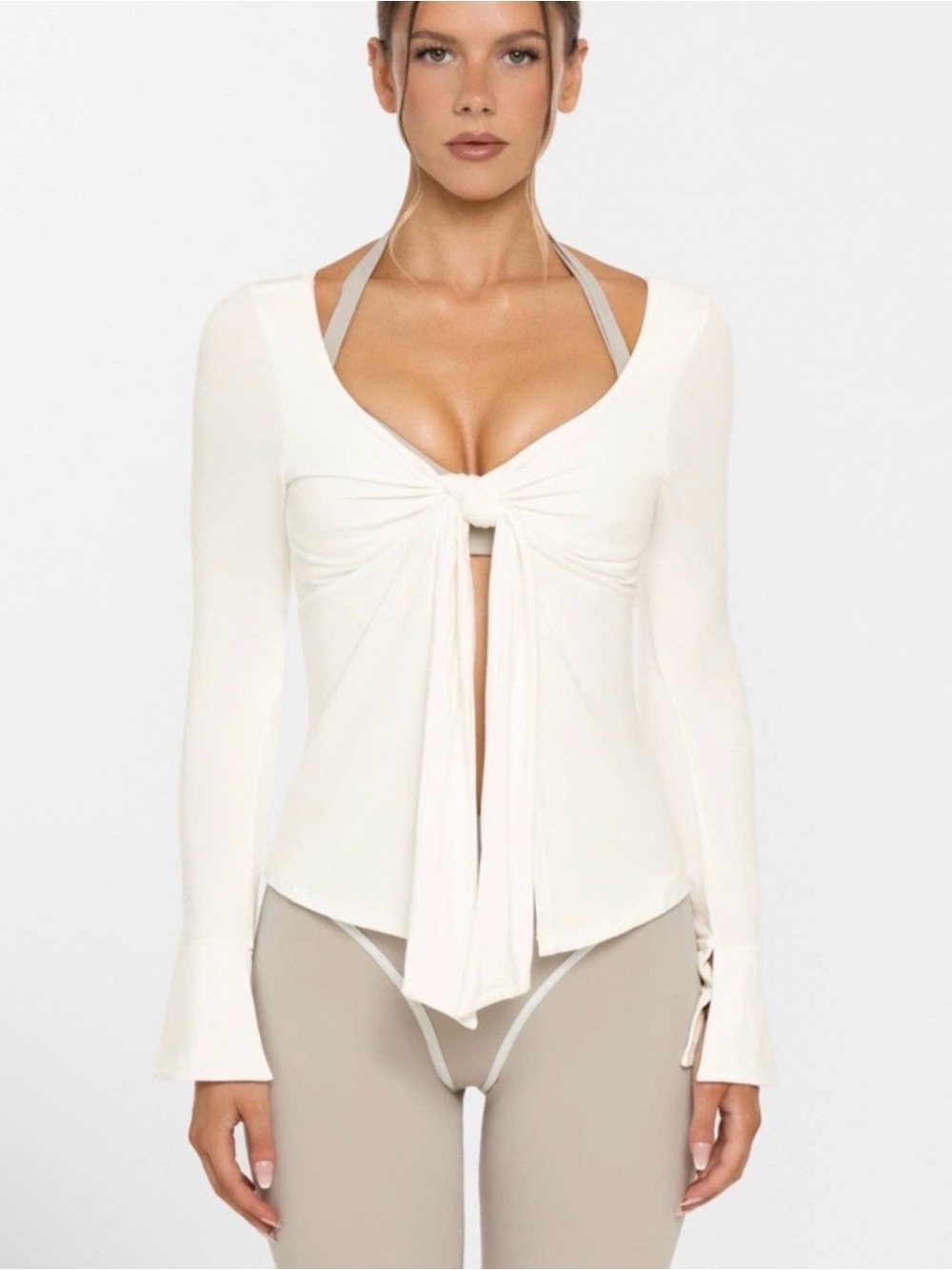 Nama Body Bamboo White Tie Front Long Sleeve Top Small